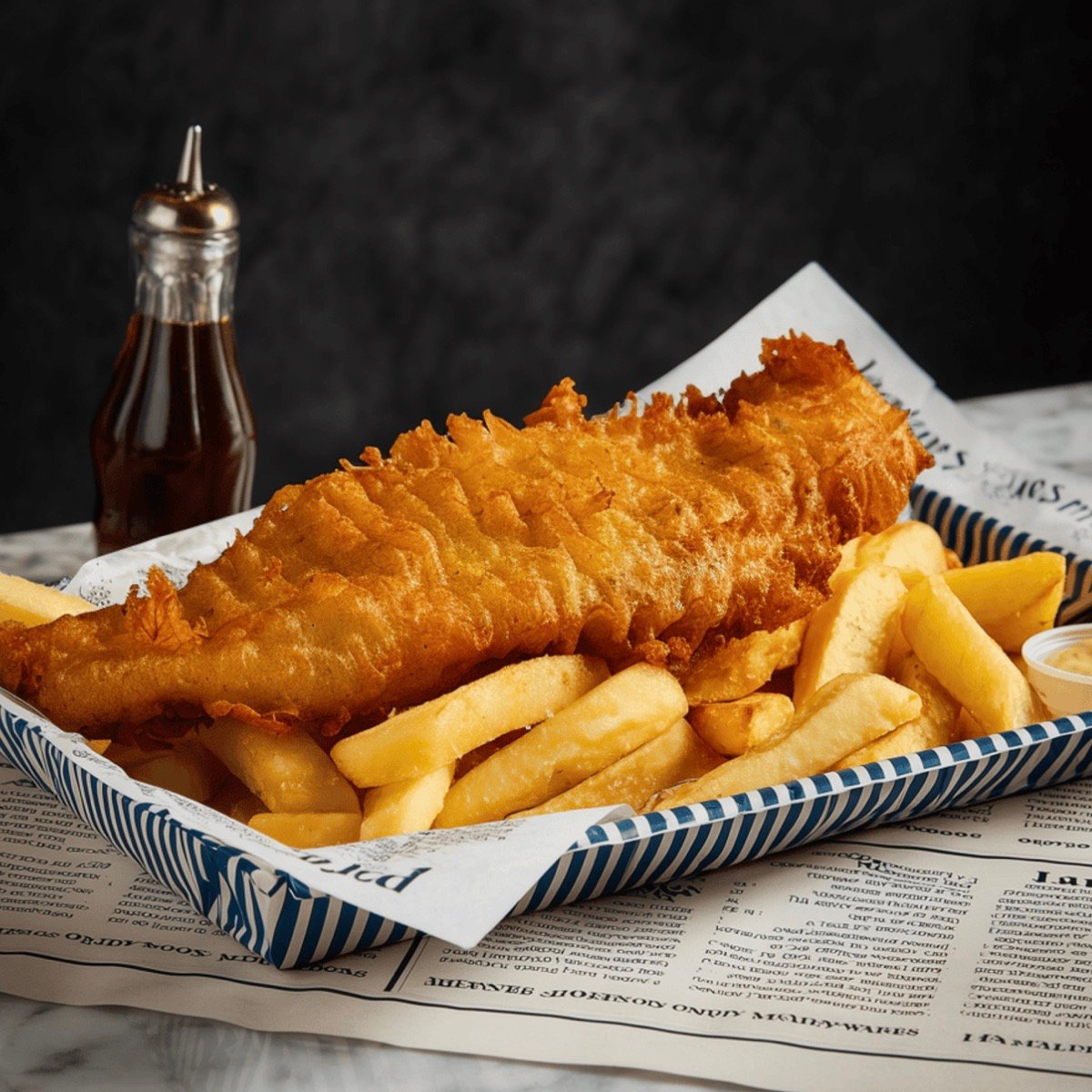 Golden battered fish and chips in a striped tray on newspaper